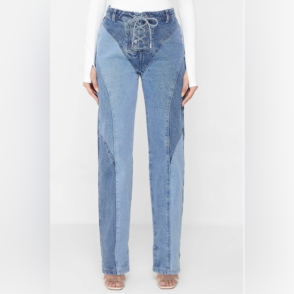 Maniere De Voir lace up patchwork jeans